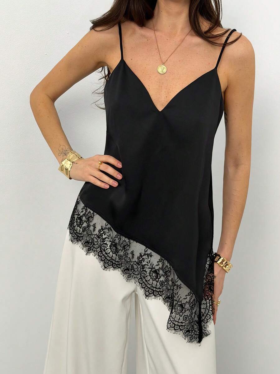 Aloruh 女士时尚蕾丝拼接不对称下摆黑色吊带背心，缎面蕾丝饰边，性感百搭，情人节必备