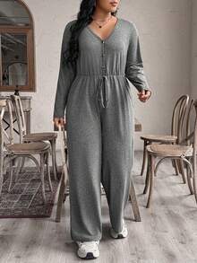 Elenzga 大码新款针织休闲V领长袖连体裤，适合秋、冬、春季穿着