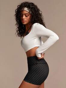 Athîral 女士波点文胸上衣、纯色长袖上衣和短裤休闲日常户外运动套装 - 彩色 - 查看 5