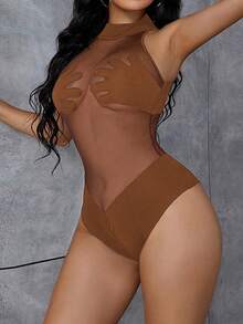 BamGleam Transparent Mesh Bodysuit With Palm And Chest Panels - Brown - View 3