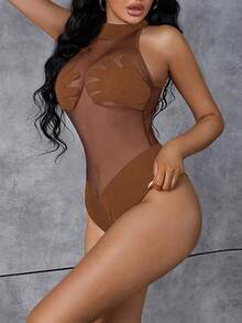 BamGleam Transparent Mesh Bodysuit With Palm And Chest Panels - Brown - View 5