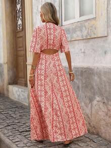 Brillora 女士V领露背波西米亚风几何印花休闲度假连衣裙，春夏款 - 彩色 - 查看 2