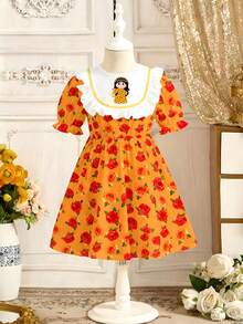Robe à col rond à manches courtes avec imprimé floral et figuratif pour bébé fille - Multicolore - Voir 7