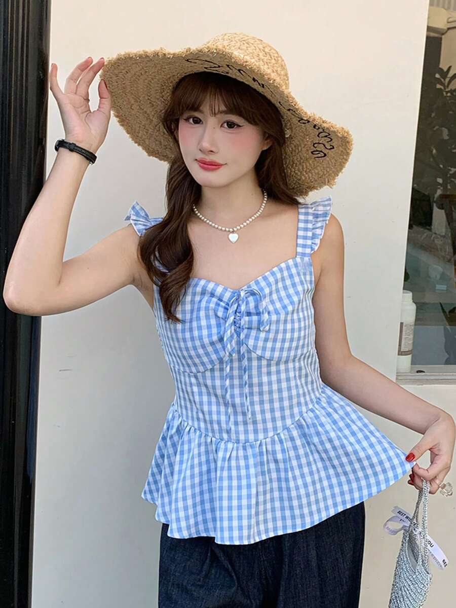 K-Vae Women's Blue Plaid Cap Sleeve Cropped Waist Camisole Top, Summer - Multicolor - View 1