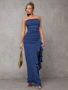 SHEIN BAE Women's Solid Color Ruched High Slit Strapless Denim Dress - Light Wash - View 4