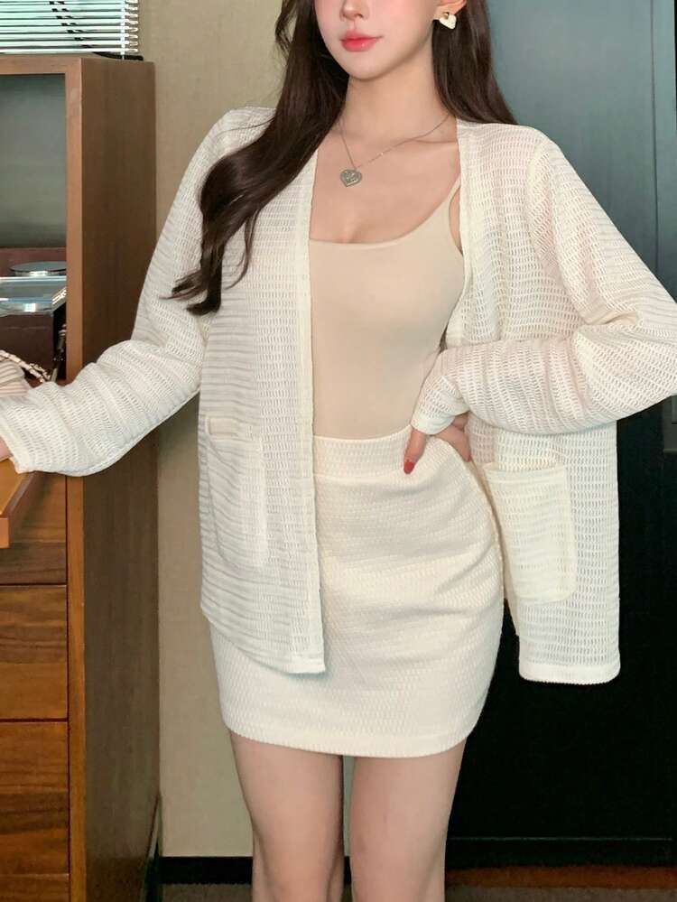 Women's Solid Color Long Sleeve Cardigan And Midi Skirt Casual 2-Piece Set