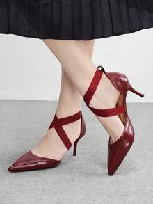 CUCCOO BIZCHIC Sapato de salto alto minimalista, de cor sólida, com bico fino, para uso casual ou no escritório. - Borgonha - Ver 3
