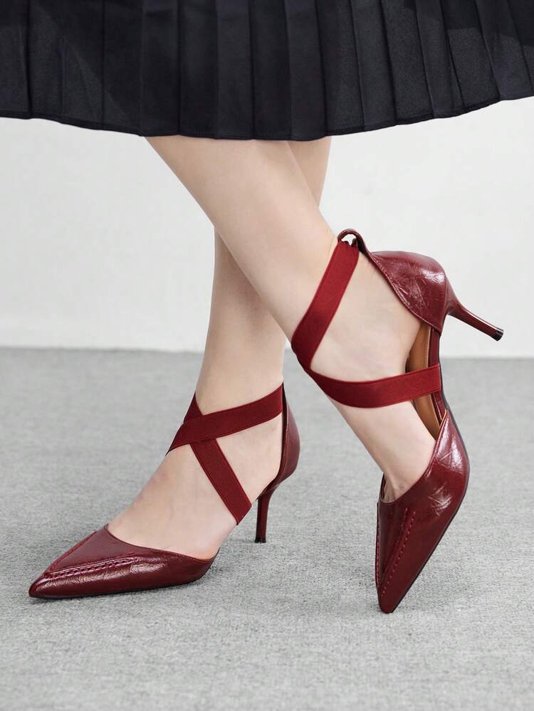CUCCOO BIZCHIC Tacones altos de punta fina de unicolor minimalistas para uso casual u oficina para mujeres - Burdeos - Añade 3
