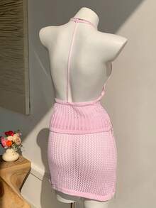 Comfortcana 女士时尚新款简约休闲性感露背镂空针织沙滩裹裙泳衣罩衫比基尼裹身百搭优雅两件套 - 粉色 - 查看 2