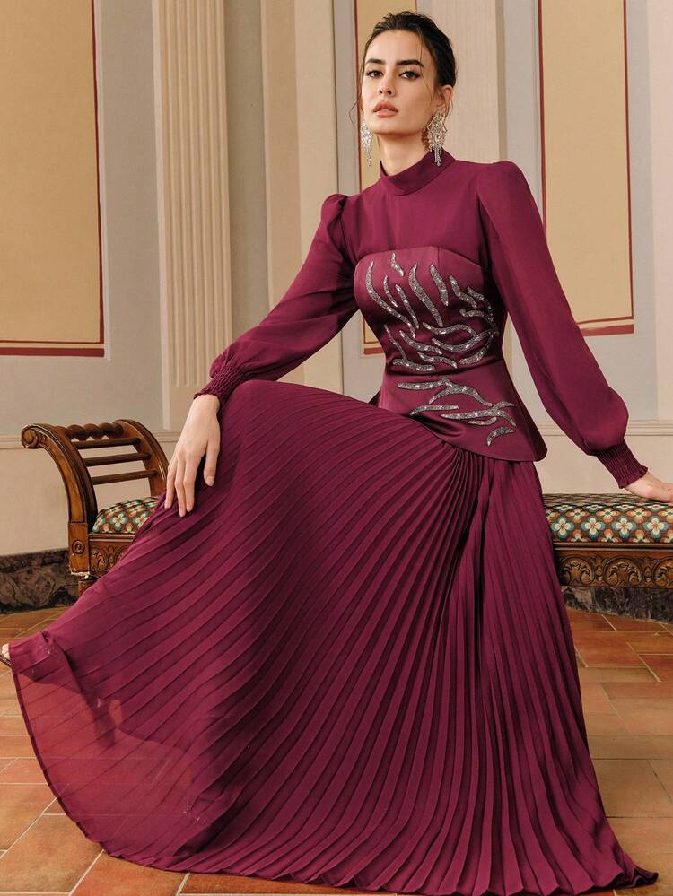 Robe longue élégante et pour femmes, col rond 2 en 1 avec strass et plissé. Robe de soirée pailletée, élégante, pour mariage, fête, Nouvel An, printemps, été, Saint-Valentin, carnaval