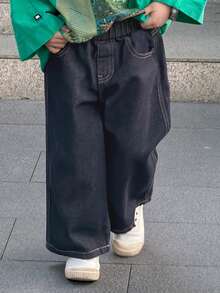 DAZY 男童宽松休闲牛仔裤，斜插口袋设计，百搭秋季牛仔裤 - 深色水洗藍 - 查看 5