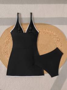 Swim Chiccia Women's Elegant Deep V-Neck Drawstring Slit Black Swimsuit Dress,Summer Vacation Holiday One Piece Bathing Suits Set - Black - View 11