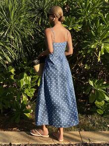 DAZY 女士夏季波点印花吊带连衣裙，休闲度假风牛仔连衣裙 - 中等水洗藍 - 查看 6