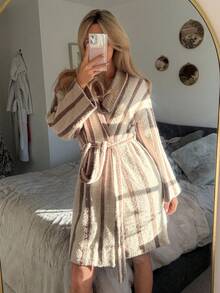 DAZY 女士条纹提花抓绒中长睡袍，冬季睡衣 - 咖啡棕 - 查看 3