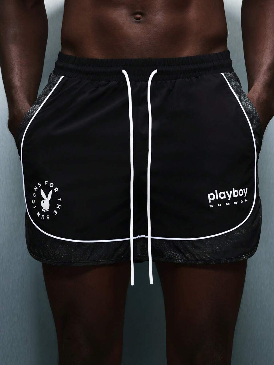 PLAYBOY X SUMWON Swim Trunks With Bunny Logo Printed Side Panels And Contrast Piping Beach Swimming Summer Vacation Holiday Board Shorts With Drawstring