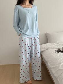 DAZY 两件套女士草莓图案拼接宽松长袖套头衫和裤子睡衣套装