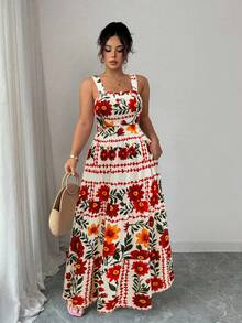 SHEIN Elenzya 大码女式印花方领收腰修身连衣裙，后背系带蝴蝶结，休闲时尚中长连衣裙，适合日常、通勤、海滩度假、春夏穿着。 - 彩色 - 查看 6