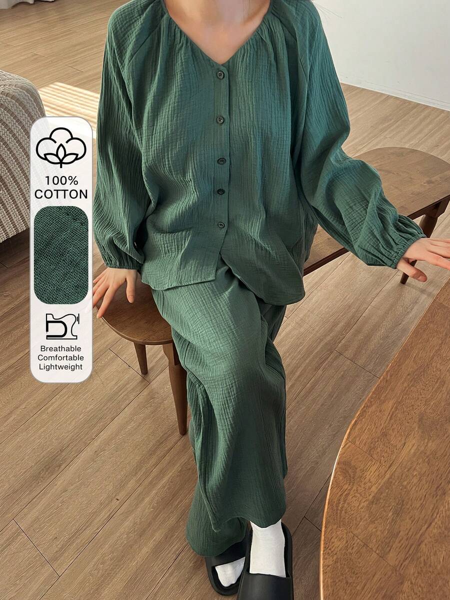 DAZY 绿色简约纹理雪纺褶皱领灯笼袖宽松女士睡衣套装 - 綠色 - 查看 1
