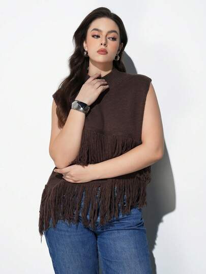 Maija 大码女式纯色无袖针织流苏装饰不对称下摆上衣，基础款上衣，适合都市通勤、商务休闲、办公室穿着，棕色，春夏皆宜，适合女士情人节、狂欢节、时尚派对、海滩婚礼、度假休闲等场合。