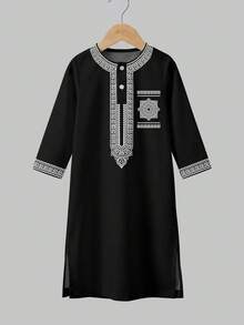 Young Boy Classic Geometric Print Middle Eastern Arabic Traditional Kaftan Shirt - Multicolor - View 2