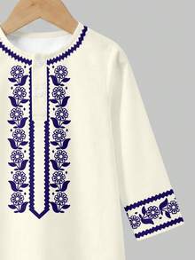 Young Boy Classic Floral Print Middle Eastern Arabic Traditional Kaftan Shirt