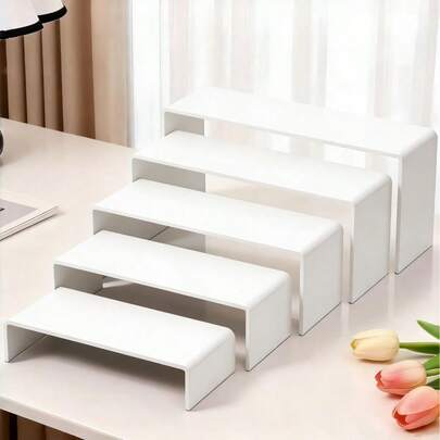 3/4/5-Piece Acrylic Display Stand Set, White Organizer For Collectibles, Desserts, Figurines, Cupcake & Candy Sticks, Rectangular Layered Desktop Shelf For Home, Kitchen, Office, Dorm Storage & Decoration