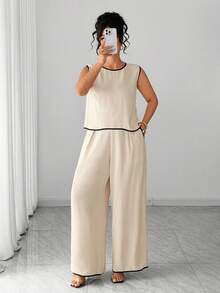 Elenzga Damen Große Größen Sommer Neu Beige Kontrastbesatz Ärmellos Rückenfreie Krawatte Weste und Weite Bein Hose Lässig Komfortabel Minimalistisch Zweiteiler. Geeignet für Alltag Lässig, Pendeln, Urlaub/Ausflug, Zuhause, Dating - Aprikosenfarben - Übersicht 5