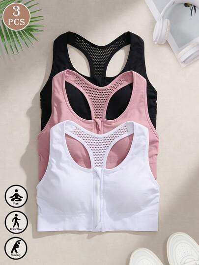 3 piezas Sujetadores deportivos sin costuras de con cremallera frontal para mujer, ropa interior de fitness y yoga transpirable con cordones para mujer.