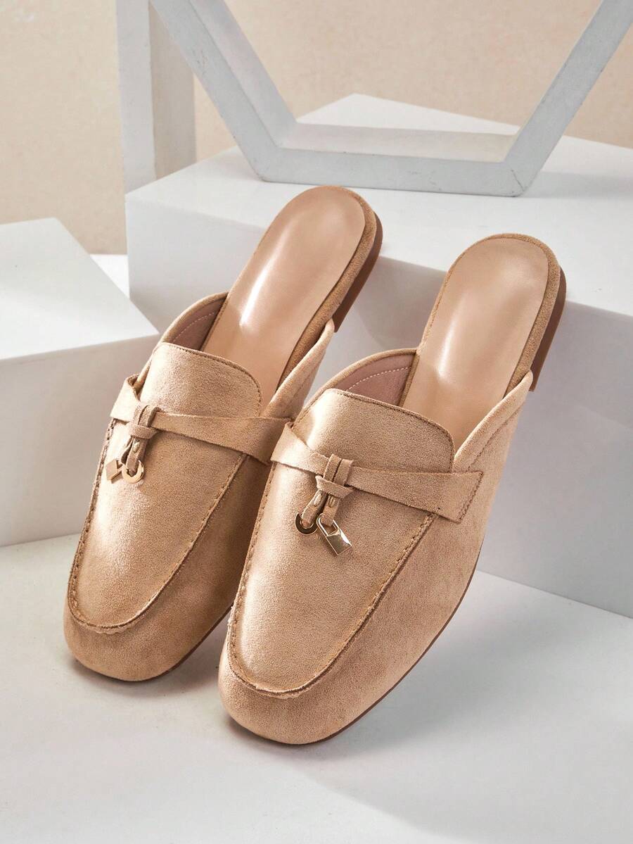 SHUZIA Women's Retro Fringe Lace-Up Velvet Bread-Top Half-Covered Slip-On Flat Mules - Beige - View 1