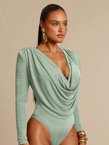 Silquee Olive Green Plunging Neckline Elegant Shoulder Pad Ruched Long Sleeve Bodysuit, Suitable For Dates, Outings, Weddings And Parties - Mint Green - View 6