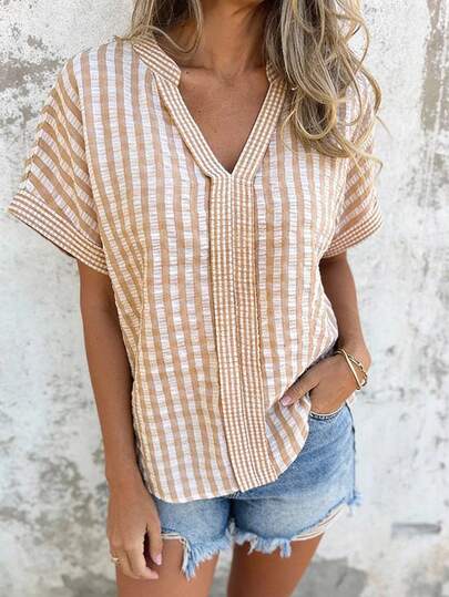 Weeklong Plus Size Women's V-Neck Plaid Patchwork Casual Shirt, Spring/Summer