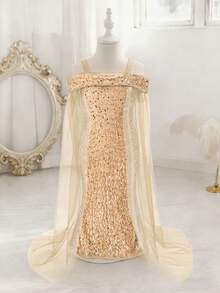 Glamorique Kids Young Girl' Elegant Charming Cute Wine Red Spaghetti Strap Off-Shoulder Gauze Waist-Cinching Mermaid Dress Formal Gown Girls Gold Maxi Dress Kids Elegant Long Dress Party Fancy Girls Dress Girls Photoshoot Dress Kids Renaissance Dress - Champagne - View 3