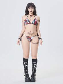 ROMWE Gothic Style Sexy Fashion Versatile Skeleton Rose Graphic Halter Neck Bikini Top With Criss-Cross Woven Ribbon, Paired With Side Tie Bikini Bottom, Bodycon Fit Swimwear 2-Piece Set, Suitable For Festivals, Parties, Holidays, Spring Break