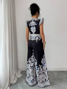 Elenzga 女士印花V领短袖阔腿优雅连体裤 - 彩色 - 查看 2