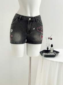 Elamini Short en jean décontracté à imprimé cœur strass pour femmes, style mode de rue chic pour le trajet quotidien, été - Gris - Voir 3