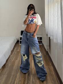 StreetHx Women's Casual Fashion Street Low Waist Distressed Loose Wide Leg Jeans - Blue - View 4