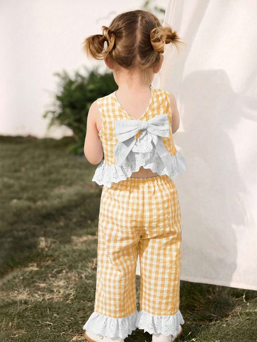 Cozy Pixies Baby Girl Colorblock Floral Trim Sleeveless Cardigan Top And Elastic Waist Pants 2 Pieces Set,Kids - Yellow - View 1