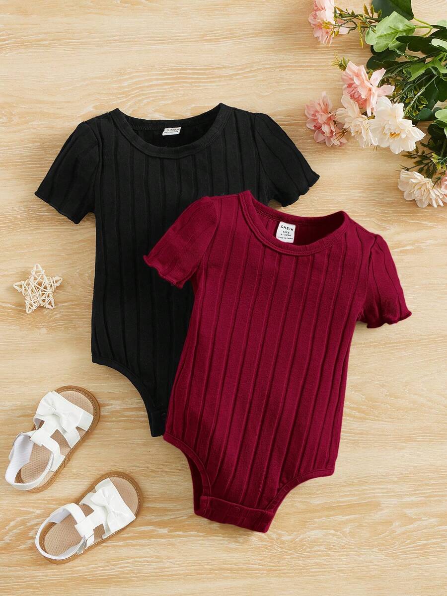 SHEIN 2件組女嬰休閒舒適連身衣套裝 幼兒女童透氣連身衣 - 黑色 - 查看 1