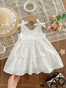 SHEIN Đầm không tay màu trắng thêu hoa nơ dễ thương cho bé gái đi nghỉ mát - trắng - Xem 8