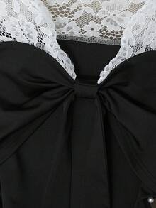 Selianne Women's Elegant Black And White Lace Patchwork Deep V-Neck Bow Tie Fitted Crop Top,Summer Tea Party Urban Chic Style,Daily Wear,Weddings,Galas,Dates - Black - View 5