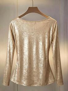 SHEIN Clasi Áo sơ mi dài tay dáng rộng cho nữ, chất liệu ánh kim, thiết kế xếp ly eo thanh lịch, phù hợp cho mùa thu, đông, xuân, ngày lễ tình nhân, sinh nhật, mùa xuân, nghỉ xuân, hè, mùa hè, áo kiểu thanh lịch cho nữ. - Vàng - Xem 2