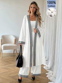 SHEIN LUNE 3件套女士休闲100%纯棉缎带装饰外套和裤子套装 - 白色 - 查看 8