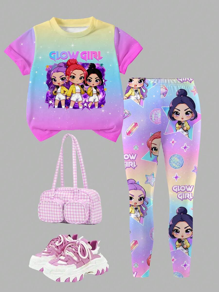 2pcs/Set Girls Idol Group Printed Top & Leggings Set, Fashionable Casual Outfit For Toddlers - Multicolor - View 1