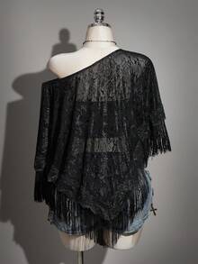 SHEIN ICON 大码女式复古性感优雅个性前卫大胆现代时尚都市新款中式宴会/晚宴网纱提花拼接流苏半透明圆领黑色宽松上衣 - 黑色 - 查看 11