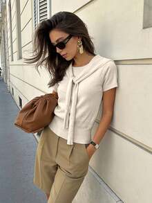 Pariaura 女士纯色短袖针织披肩领上衣 - 杏色 - 查看 3