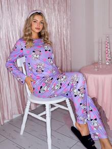 可爱兔子和爱心印花圆领长袖女士睡衣套装 - 彩色 - 查看 6