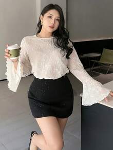 Dazy Plus Áo thun nữ cỡ lớn cổ tròn tay loe họa tiết jacquard thanh lịch để đi chơi. - trắng - Xem 7