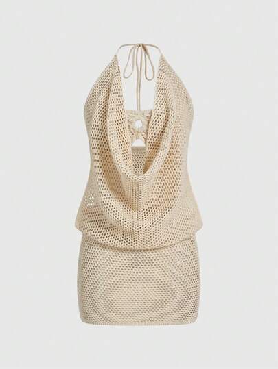ROMWE Hippie Y2K Sexy Crochet Halter Tie Bodycon Mini Dress For Women