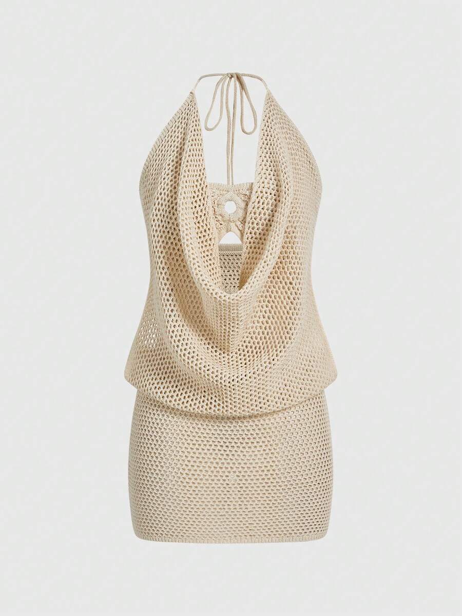 ROMWE Hippie Y2K性感钩针吊带系带修身迷你连衣裙 - 杏色 - 查看 1