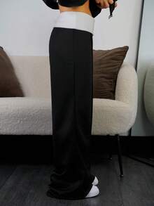 SAYEHFBABY بنطلون فرنسي رمادي فاتح ذو قصة واسعة، بنطلون كاجوال يومي للنساء، ملابس شتوية للخروج والمدرسة والارتداء اليومي بتصميم ال- Y2K، بنطلون محبوك بياقة منحرفة باللون الأبيض - الأسود - مشاهدة 4